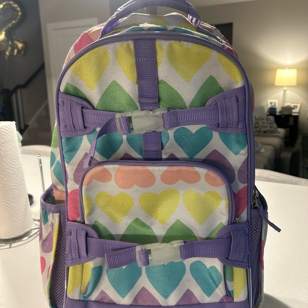 Pottery Barn Kids Mackenzie rolling backpack rainbow hearts VGUC
